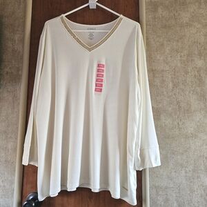 🔥 Jones New York Signature 3/4 Sleeve V-Neck Ivory Size XXL